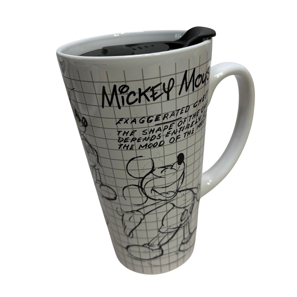 Disney Mickey Mouse Sketch Grid Ceramic Travel Coffee Mug with Lid White Black